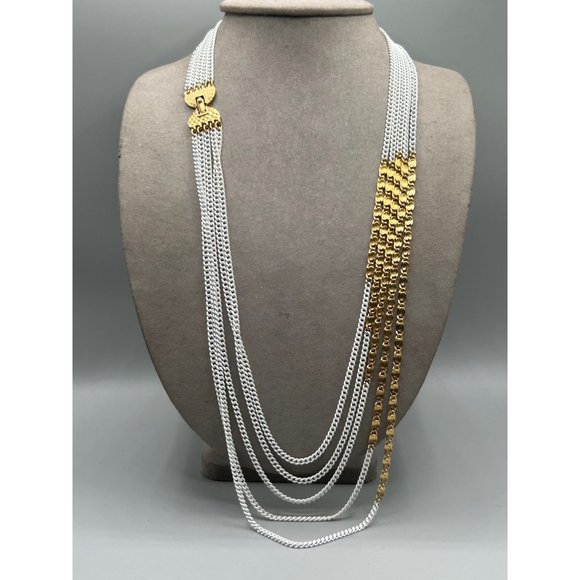 Vintage Signed Monet Multi Chain Necklace White Enamel & Gold Tone 80s Jewelry - Picture 6 of 10